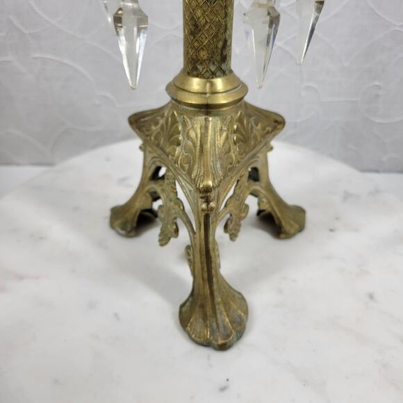 Antique Brass Candlesticks 11" Gold Candle Holder Crystal Prisms Ornate Art Deco - Picture 6 of 16